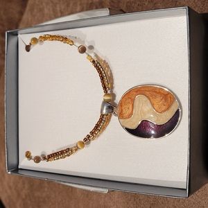 Beaded Necklace with Brown and Beige Painted Charm in Original Box